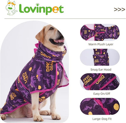 LovinPet 3‑in‑1 Dog Warm Winter Coat & Bathrobe, Hooded Dinosaur Fleece, Lightweight High‑Loft, Absorbent Knit, Quiet Hook‑and‑Loop, Wind‑Blocking Edges, Dog Robes for Medium & Large Dogs, Purple,L