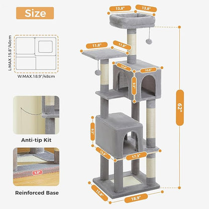 PEQULTI 62" Cat Tree for Indoor Cats, Multi-Level Cat Tower with Cozy Cat Condo Clearance Prime, Grey