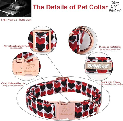 Valentines Dog Collar, Red Black Heart Valentine Pet Collar with Metal Buckel, Durable Adjustable Holiday Dog Collars for Small Medium Large Dogs XS