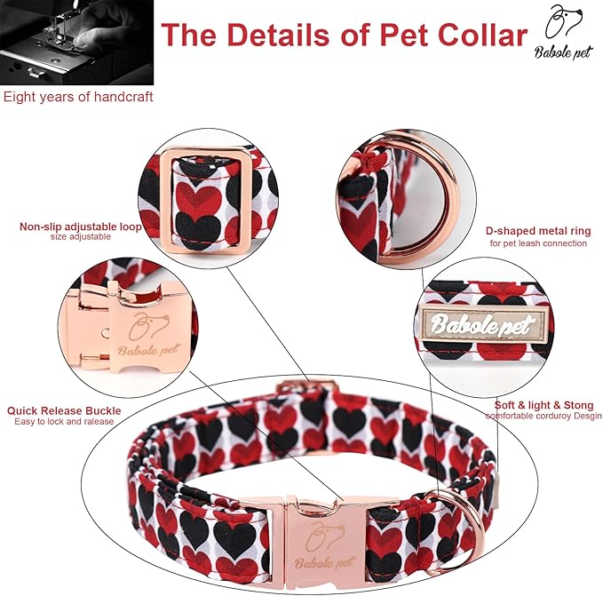 Valentines Dog Collar, Red Black Heart Valentine Pet Collar with Metal Buckel, Durable Adjustable Holiday Dog Collars for Small Medium Large Dogs XL
