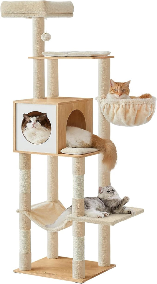Feandrea Cat Tree, 65-Inch Tall Cat Tower, Multi-Level Condo with Cave, Basket, Hammock, Pompom, Scratching Posts, Almond Yellow UPCT118Y01