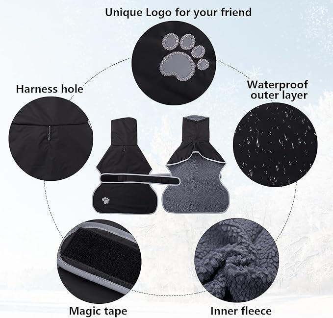 Geyecete Dog Winter Coat Geyecete Greyhound Raincoat Fabric with Lamb Velvet Inside Outdoor Dog Apparel with Adjustable Bands for Medium, Large Dog-Black-XXXL