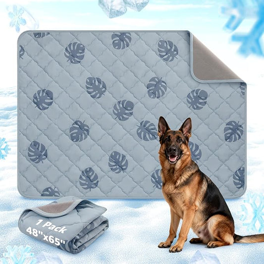 LOOBANI Dog Cooling Mat for Large Dogs 65"x48"- Pet Cooling Mat with Anti-Slip Bottom, Waterproof Self-Cooling Dog Pad for Crate, Floor & Car, Grey Monstera (Grey, 65"x48")