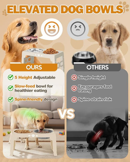 Elevated Dog Bowls, Non-Slip Dog Feeder with 1*Stainless Steel Dishes & 1*Slow Feeder Bowl, 5 Heights Adjustable Raised Bowls for 3.15″-8.66″-9.84″-11.02″-12.2″