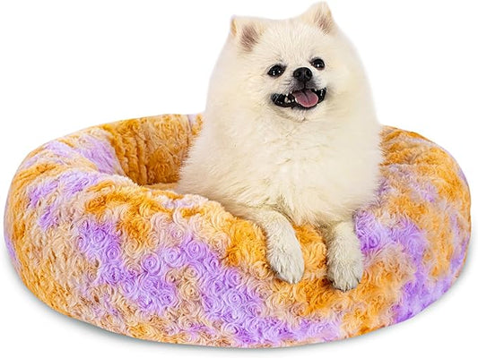 Calming Dog Bed for Small Dogs Cats, Kitty Puppy 23'' Round Anti-Anxiety Warm Fluffy Plush Faux Fur Bed, Soft Anti-Slip Donut Washable Small Pet Bed, Cozy Cat Puppy Bed, Fits up to 30 lbs Pets