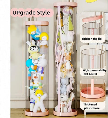 Large Stuffed Animal Storage Tube with Wheels, Tall Toy Organizer with Double Zipper, WhiteClear PET Cylinder Container for Plush Toy Organization, Space Saving Kids Room Storage