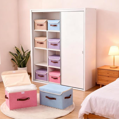 2PCS Storage Boxes with Lid Cotton Linen Fabric Storage Bins Organizer Container Decorative Collapsible Washable Shelf Closet Baskets Faux Leather Handles Home Bedroom (Purple, Large)