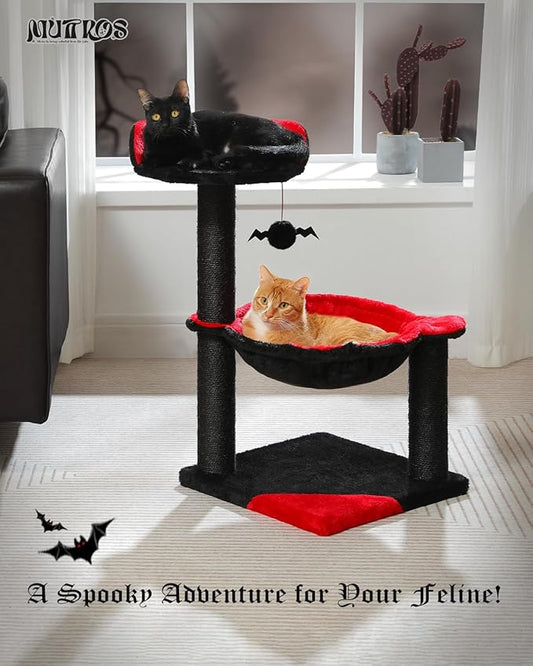 MUTTROS Gothic Cat Tree with Coffin Bed, Spooky Cat Tree with Black Scratching Posts & Halloween Cat Tower & Large Hammock for Small Kittens, Cat Toy Black Bat Included