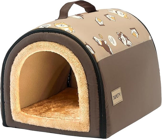 Jiupety Cozy Small Pet Dog House, 2 in 1 Puppy House, S Size for Cat and Puppy, Warm Cave Sleeping Nest for Cats and Dogs, S(14"×12"×11"), Up to 5 Lb, Brown