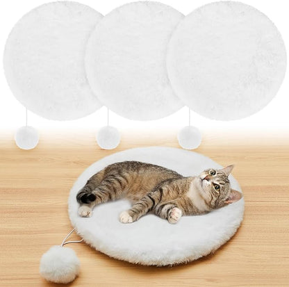 Abbylike 3 Pack 14" Round Cat Dog Bed Cushion Pad Mat Faux Rabbit Fur Pet Sleeping Mat with Small Ball Warm Plush Anti Slip Washable Cat Tree Tower Replacement Cushion Pad for Carrier Crate, White