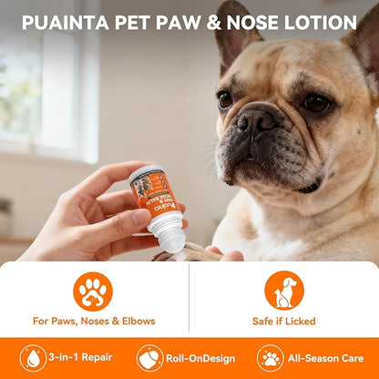 PUAINTA Lick-Safe Dog Paw & Nose Balm with Mess-Free Roller Ball - Safety Cap, Fast-Absorbing Protector for Winter Snow, Salt & Hot Pavement - Unscented Snout Soother - 2oz