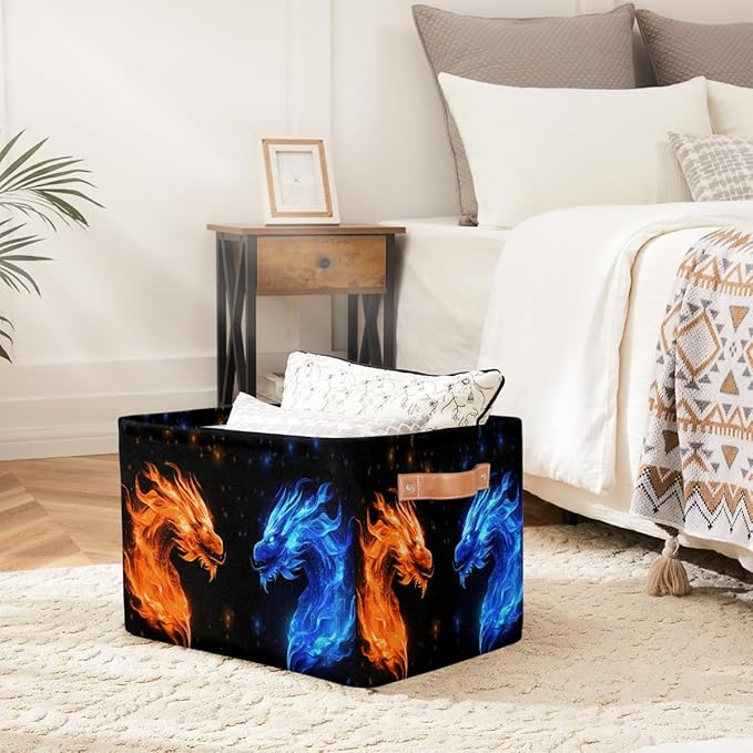 Rectangle Storage Basket with Handles, Cube Organizer Bins for Shelves Collapsible Toys Storage Box Clothes Baskets for Nursery Home Kids Room(Dragon)