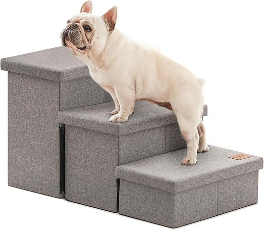 Love's cabin Dog Stairs for High Bed 18" H, Foldable Pet Stairs for Small Medium or Large Dogs Puppy with Storage for Bed or Couch, Cat Dog Steps Ramp with Zip up to 200 lbs, Solid Grey, 3 Steps