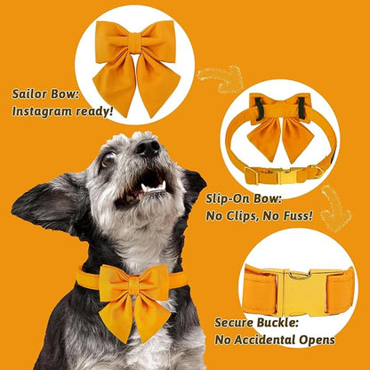 Maca Bates Mango Yellow Dog Collar with Cute Solid Sailor Bow Tie for Small Girl Boy Dogs,Adjustbale Durable Breakaway Soft Collars with Bowtie for Female Male Puppy,Pet with Metal Buckle