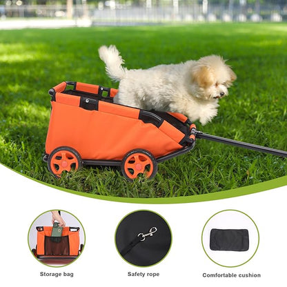 Mini Dog Strollers for Mini Pets, Foldable Multifunctional Shopping Carts with Extendable Pull Handle, Doggie Wagon Built-in Cushion and Safety Rope with Storage Bag (Orange)