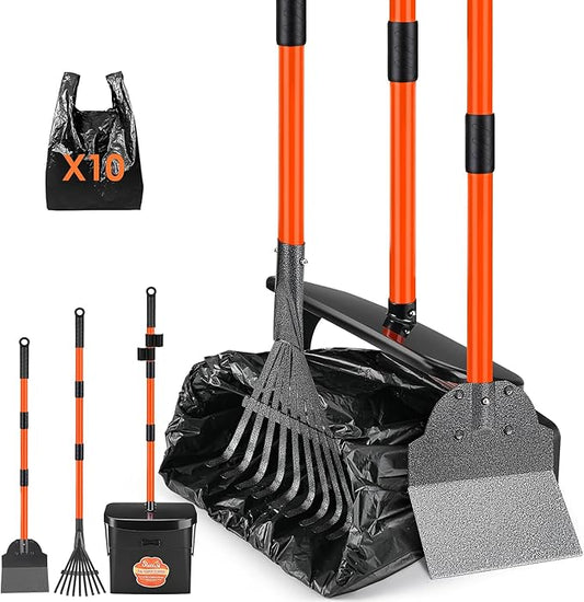 SlowTon Dog Pooper Scooper - 37.4" Long Metal Handle Adjustable Rake & Spade & Swivel Bin with 10 Waste Bags, Portable Pooper Scooper for Gravel Lawn Grass, Suit for Small Medium Large Dog