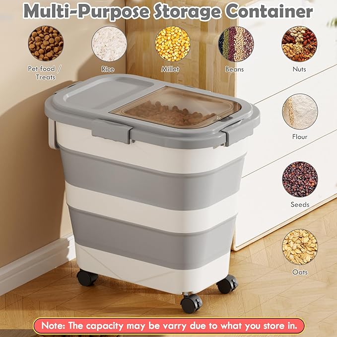 Pet Food Storage Container, 25lbs Large Collapsible Dog Cat Food Container with Airtight Lids Wheels Handle Scoop Measuring Cup Small Container, Rice Kitchen Dry Food Storage Dispenser Bin (Grey)