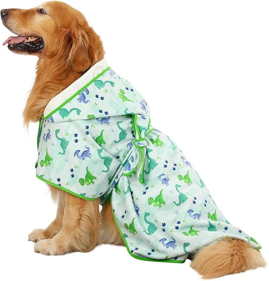 HDE Dog Bathrobe Super Absorbent Quick Drying Puppy Towel Wrap Coat Adjustable After Bath Robes with Hood for Dog Sizes S-XXL Cute Dinosaurs L