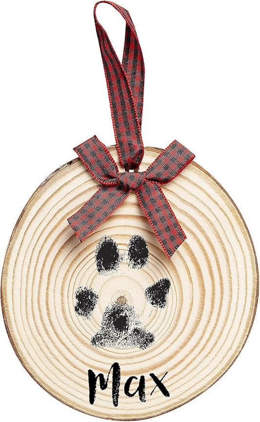 Pearhead Rustic Wood Paw Print Christmas Tree Ornament, Dog or Cat Pawprint Making Kit Included, DIY Personalized Pet Keepsake Ornament, Buffalo Check Hanging Ribbon