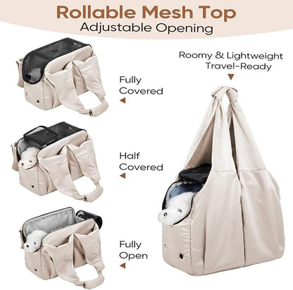 Dog Purse Carrier for Small Dogs, Cats, and Puppies – Soft-Sided Travel Pet Tote Bag with 4 Large Pockets, Foldable, Lightweight, Fits Pets up to 15 lbs, for Travel, Outings (Beige)