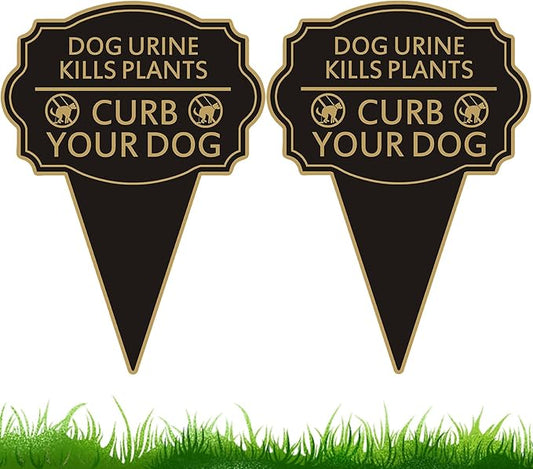 Double Sided Yard Sign 2PACK, Dog Urine Kills Plants, Curb Your Pet Lawn Marker, 14”x10” No Peeing & No Pooping Yard Stake with Integrated Mount, Outdoor Use (2PACK-Dog Urine Kills Plants)