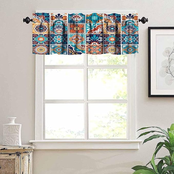 Mexico Fiesta Valance Curtains Blue Mexican Fiesta Dia De Los Muertos Pattern Window Treatment Valances Short Curtains Rod Pocket Drape for Dining Room Home Kitchen Decor, 54x18inch