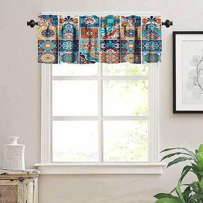 Mexico Fiesta Valance Curtains Blue Mexican Fiesta Dia De Los Muertos Pattern Window Treatment Valances Short Curtains Rod Pocket Drape for Dining Room Home Kitchen Decor, 54x18inch