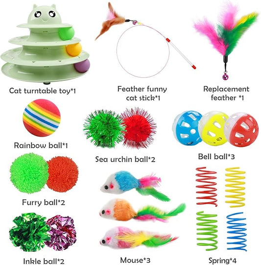 UPSKY 20 PCS Cat Toys - 3-Level Turntable Roller with Balls for Indoor Cats, Kitten Set with Teaser, Mice, Spring, and Various Ball Toys