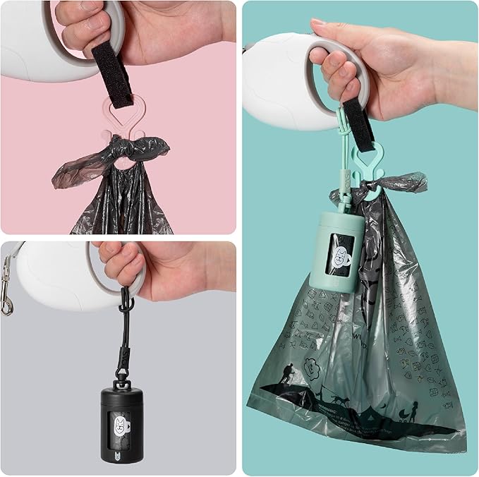 Retractable Dog Waste Bag Dispenser + Bag Holder Kit, Dog Poop Bag Dispenser, Retractable Waste Bag Dispenser, Lightweight Poop Bag Holder, Stretchy Strap Fits Any Dog Leash (Black)