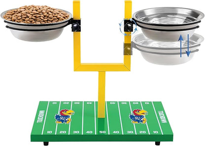 NCAA Kansas Jayhawks Goalpost Football Field Dog Feeder – Adjustable Elevated Dog Bowls with Stand, 2 Stainless Steel Bowls, Non-Slip Rubber Feet, Raised Pet Feeder for Large & Small Dogs
