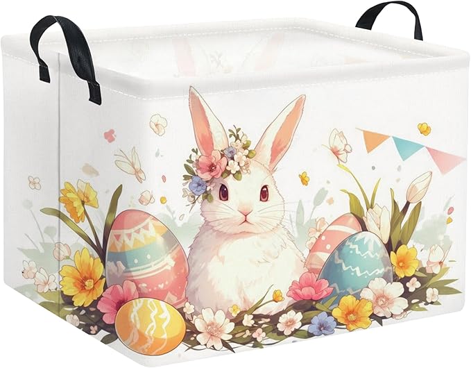 Rectangular Easter Kids Storage Gift & Toy Bin Organizer Shelf Book Basket Room Decor (Flag Easter Bunny)