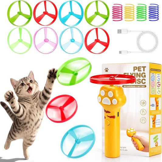 BABORUI Cat Toy Disc Launcher, Rechargeable Interactive Cat Fetch Toy Launcher with 8 Flying Discs, Flying Enrichment Toys for Indoor Bored Kittens & Adult Cats (Yellow)
