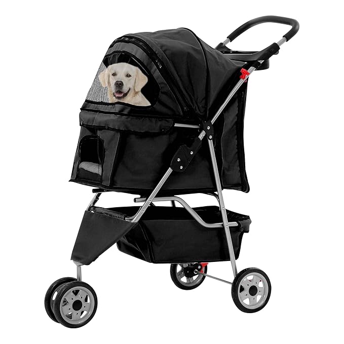 Pet Stroller for Small Medium Dogs & Cats,3-Wheel Breathable Compact Foldable Dog Carrier with Storage Basket, Outdoor Portable Lightweight Travel Stroller for Camping,Black