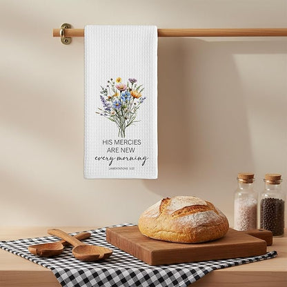 Christian Kitchen Towel, Waffle Weave Microfiber Scripture Hand Towel, His Mercies are New Every Morning Bible Verse Farmhouse Decor for Kitchen Bathroom, Inspirational Gift for Women