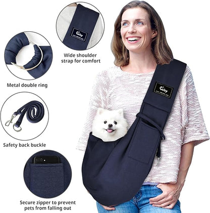 CUBY Dog and Cat Sling Carrier - Hands Free Reversible Pet Papoose Bag - Soft Pouch and Tote Design - Suitable for Puppy, Small Dogs Cats Outdoor (Blue, Adjust Strap 1.0)