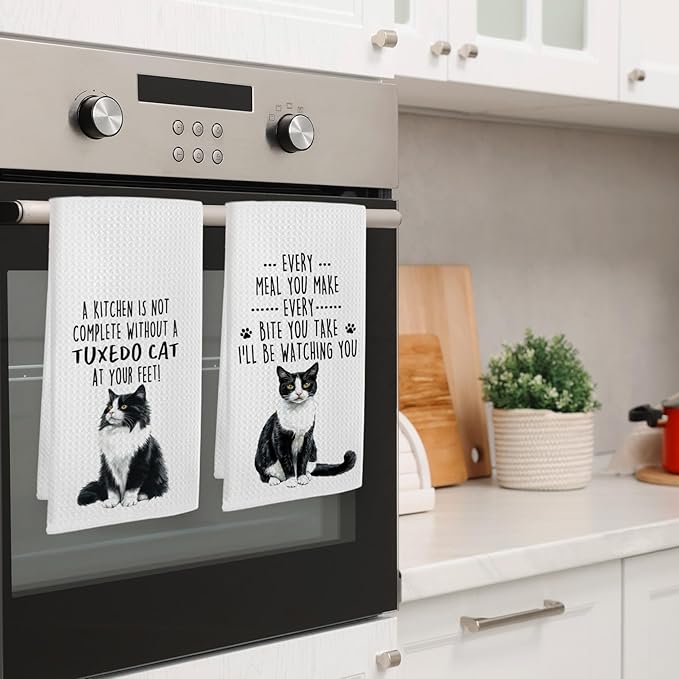 Funny Tuxedo Cat Kitchen Towels, Tuxedo Cat Mom Lady Lovers Gifts for Women Hand Towels, Gifts for Pet Lovers Dishcloths Dish Towel for Kitchen 16x24 Inches Set of 2