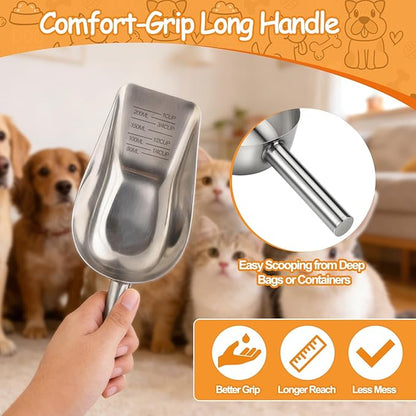 Palksky Dog & Cat Food Scoop, 1 Cup Stainless Steel Pet Food Measuring Cup with Long Handle, Precision Scale, Easy to Clean for Wet or Dry Food, 1 Pack