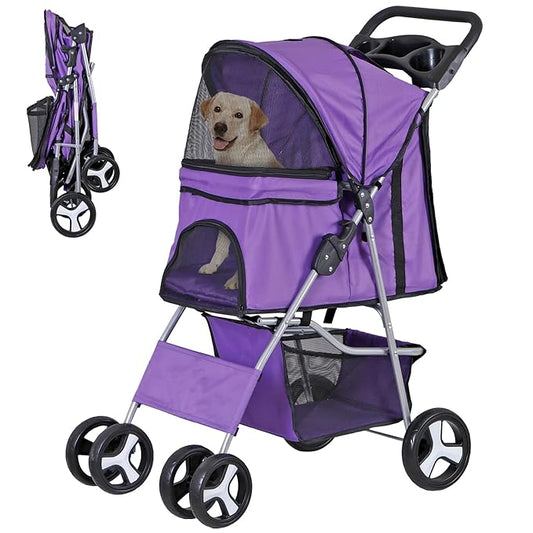 4 Wheels Foldable Pet Dog Cat Jogger Stroller Travel Carrier Strolling Cart w/Waterproof Cover Storage Basket Cup Holder & Removable Liner for Medium Small Cat Dog, Purple