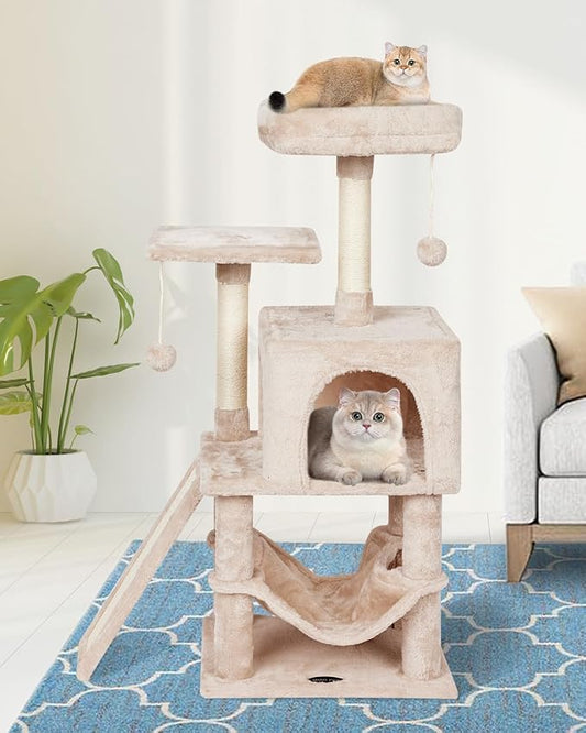 MIAO PAW Cute Cat Tree Tower for Indoor Cat Tower with Scratching Post Modern Activity House Hammock Hanging Ball Condo with Board Beige