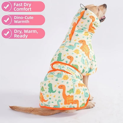 LovinPet 3‑in‑1 Dog Warm Winter Coat & Bathrobe, Hooded Dinosaur Fleece, Lightweight High‑Loft, Absorbent Knit, Quiet Hook‑and‑Loop, Wind‑Blocking Edges, Dog Robes for Medium & Large Dogs, Orange,L