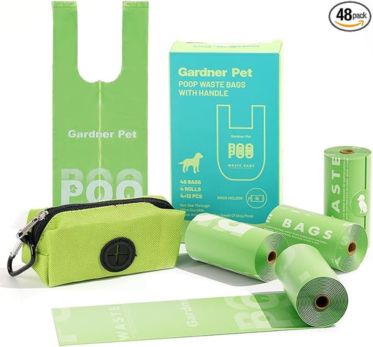 Dog Poop Bags with Handles 4 Rolls, 48 Counts Pine Scented Dog Waste Bags with Dispenser, Leak Proof and Extra Thick, Easy-Tie Pet Poop Bags with Holder for Dogs, Puppies, Cats, Kitten