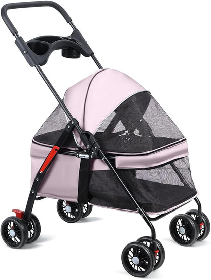 Pet Stroller 4 Wheels Dog Cat Stroller,Outdoor Trave Pet Folding Stroller,Foldable Dog Cat Cage Jogger Stroller with Cup Holder,Breathable and Visible Mesh for Medium Dogs Cats Pink