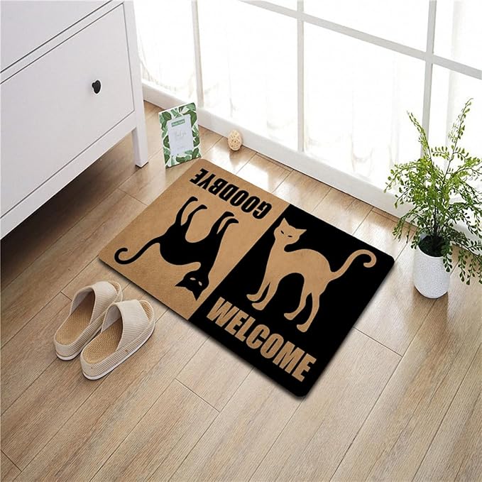 Funny Welcome Doormat (23.7 in X 15.6 in) Anti-Slip Rubber Back Entrance Way Indoor Front Porch Decor Rugs House Warming Gift (Welcome Goodbye Black Cat Dual-Sided Welcome Mat)