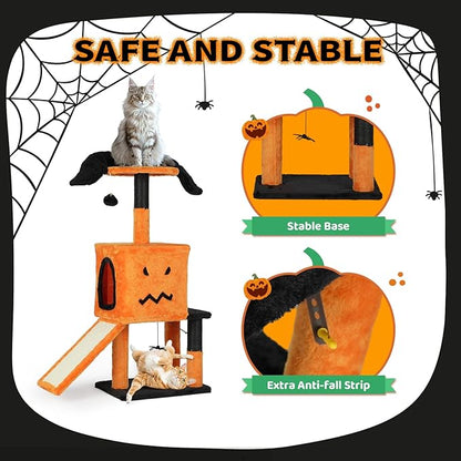 VINGLI 39.4in Halloween Cat Tree, Cat Tree Tower with Sisal-Covered Scratching Posts & House Cave & Platform Beds Side & Scratch Board, Tall Kittens Pet House w/Hanging Balls Spider, Black & Orange