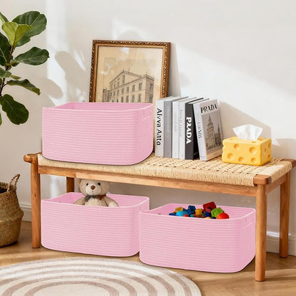 3 Pack Large Storage Basket for Organizing, 17.5"x13"x7" Woven Basket for Shelves, Closet Cube Storage Bins with Wrapped Handle, Cotton Rope Baskets for Kitchen, Clothes, Toys(Light Pink)