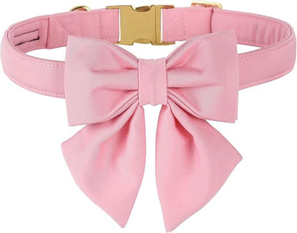 Maca Bates Cherry Pink Dog Collar with Cute Solid Sailor Bow Tie for Medium Girl Boy Dogs,Girly Adjustbale Durable Breakaway Soft Collars with Bowtie for Female Male Puppy,Pet with Metal Buckle