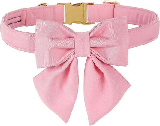 Maca Bates Cherry Pink Dog Collar with Cute Solid Sailor Bow Tie for Medium Girl Boy Dogs,Girly Adjustbale Durable Breakaway Soft Collars with Bowtie for Female Male Puppy,Pet with Metal Buckle