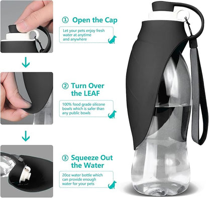 Dog Water Bottle, Portable Pet Water Dispenser Feeder Leak Proof with Drinking Cup Dish Bowl for Outdoor Walking, Hiking, Travel, 20OZ Water Bottle Fit for Small to Large Dogs and Cats Black