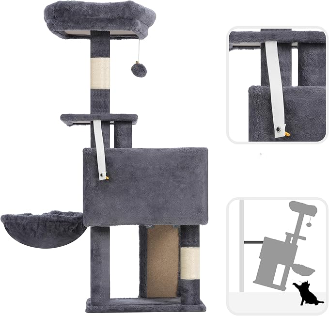 Gitelsnour Cat Tree, 41.3" Cat Tower for Indoor Kittens with Scratching Board and Posts, Multi-Level Cozy Cat Condo with 2 Perches, Hammock, Balls, Smoky Gray GCT005SG