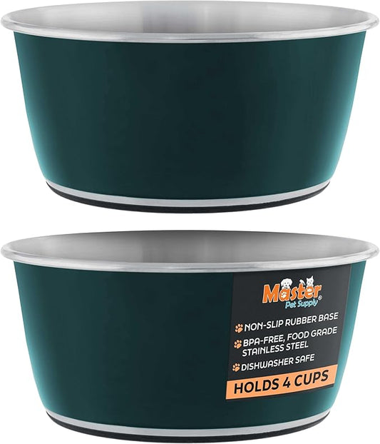 Master Pet Supply Stainless Steel Dog Bowls Set of 2 (32 Oz Each) with Non-Slip Rubber Base - Emerald Sea - Basic Dog Food Bowl Water & Food Bowls for Small Medium Large Dogs & Cats, Metal Dish